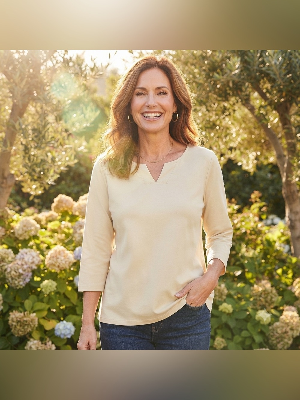 SIZE XL Denim & Co.® NEW V-Neck Cream Top 3/4 Sleeve Cotton Spandex